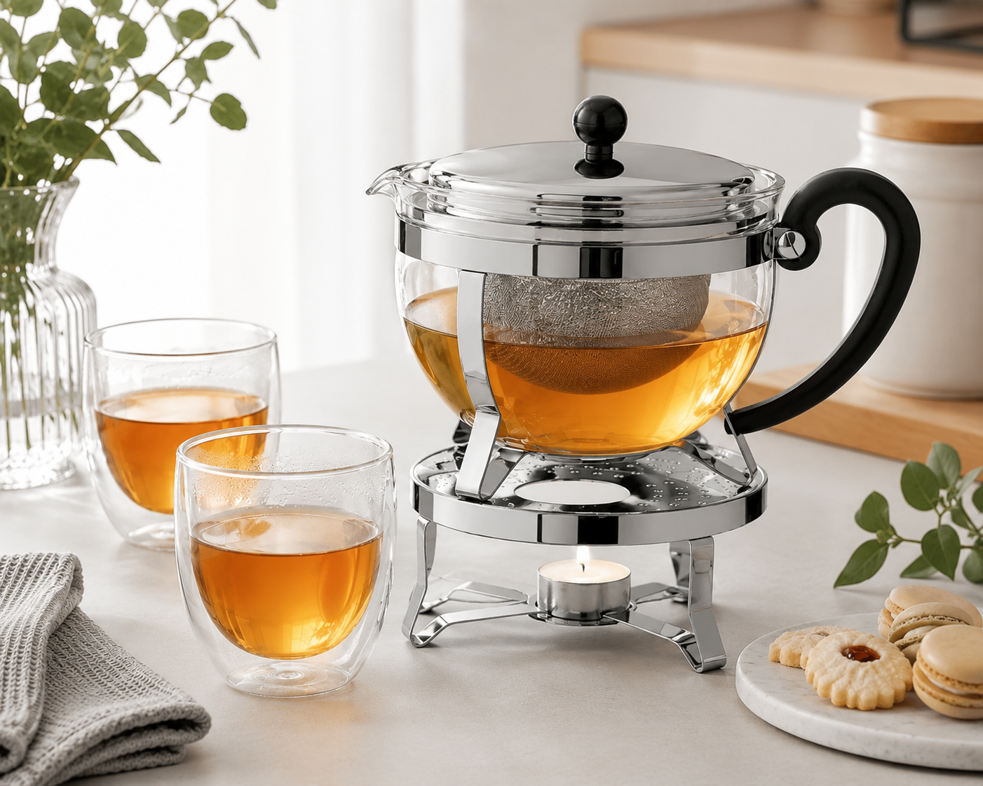 Théière en Verre Borosilicate 1L avec Filtre Inox et Réchaud | Infuseur à Thé Élégant