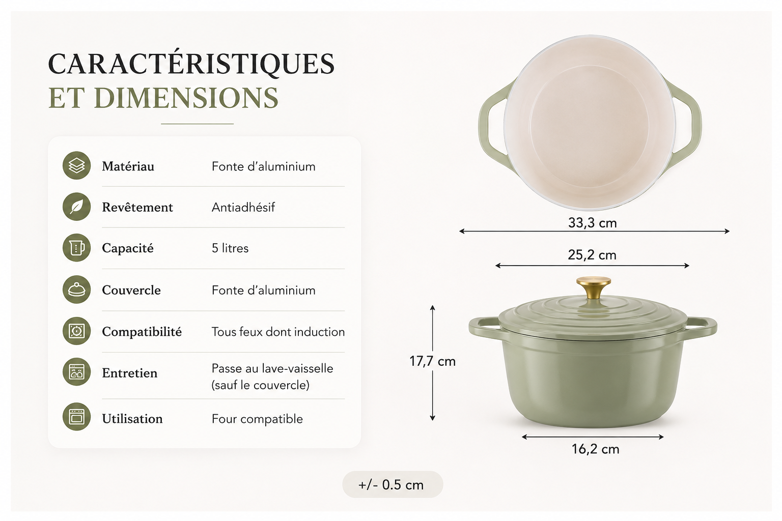 Cocotte en Fonte d'Aluminium 5L avec Couvercle | Revêtement Antiadhésif | Compatible Tous Feux dont Induction