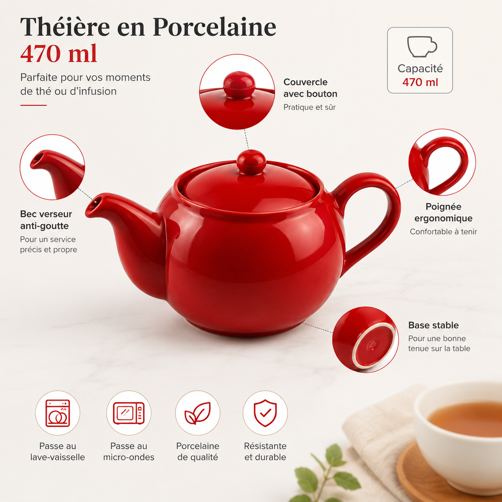 Théière en Porcelaine 470 ml Rouge – Avec Couvercle | Passe au Lave-vaisselle et au Micro-ondes