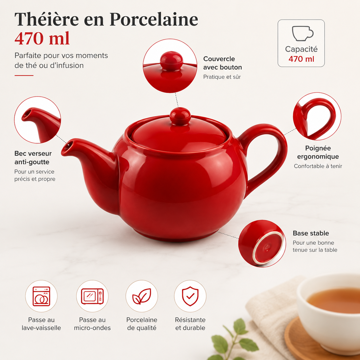 Théière en Porcelaine 470 ml Rouge – Avec Couvercle | Passe au Lave-vaisselle et au Micro-ondes