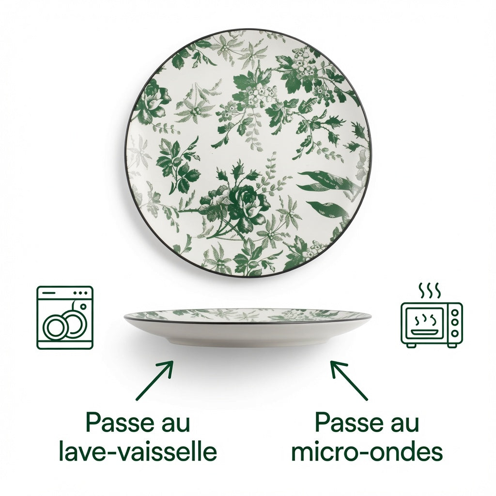Assiettes Plates en Porcelaine 27 cm Motif Floral Vert – Lot de 6 – Passe au Lave-vaisselle et Micro-ondes