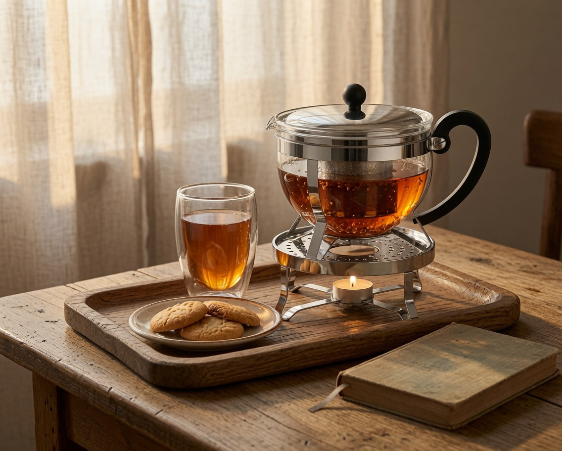 Théière en Verre Borosilicate 1L avec Filtre Inox et Réchaud | Infuseur à Thé Élégant