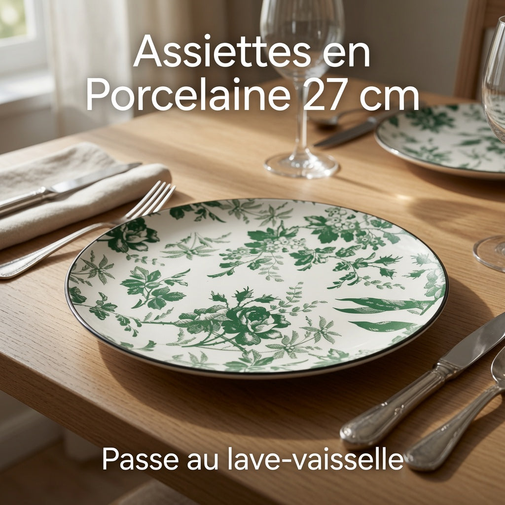 Assiettes Plates en Porcelaine 27 cm Motif Floral Vert – Lot de 6 – Passe au Lave-vaisselle et Micro-ondes