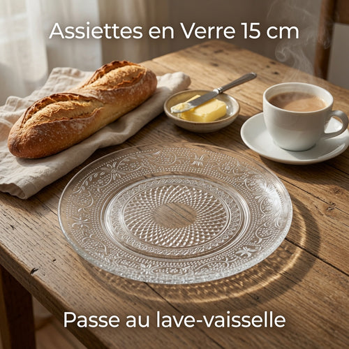 Assiettes à Pain en Verre Transparent 15 cm Motif Relief – Lot de 6 – Passe au Lave-vaisselle et Micro-ondes