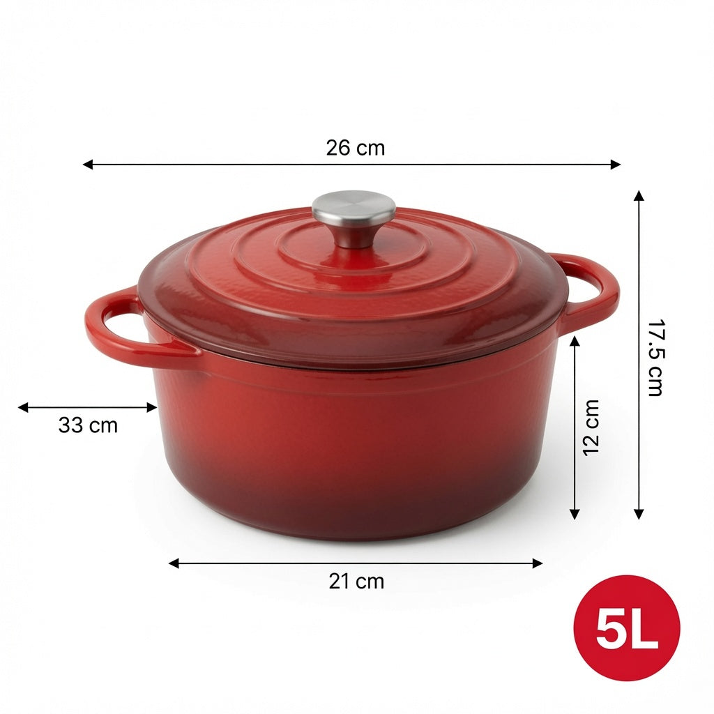 Cocotte en Fonte Émaillée 5L – 26 cm | Compatible Tous Feux & Four | Rouge Cerise