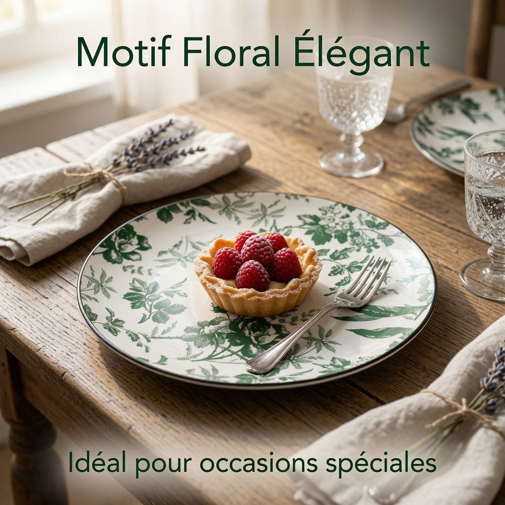 Assiettes Plates en Porcelaine 27 cm Motif Floral Vert – Lot de 6 – Passe au Lave-vaisselle et Micro-ondes