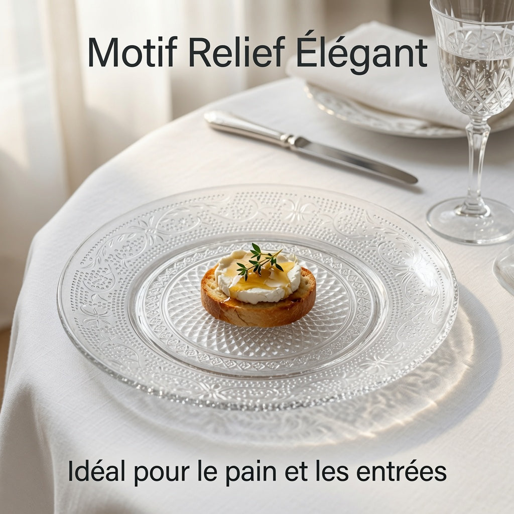 Assiettes à Pain en Verre Transparent 15 cm Motif Relief – Lot de 6 – Passe au Lave-vaisselle et Micro-ondes