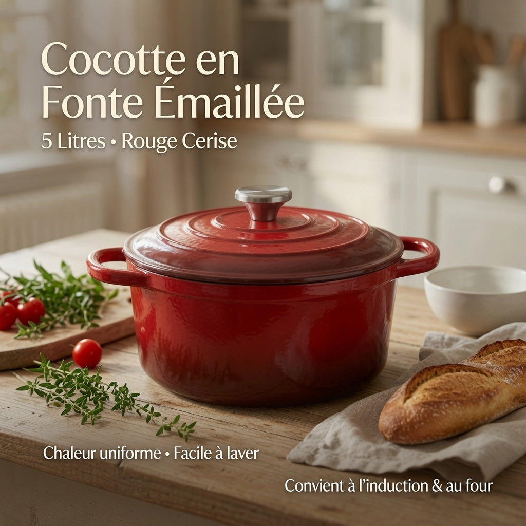Cocotte en Fonte Émaillée 5L – 26 cm | Compatible Tous Feux & Four | Rouge Cerise