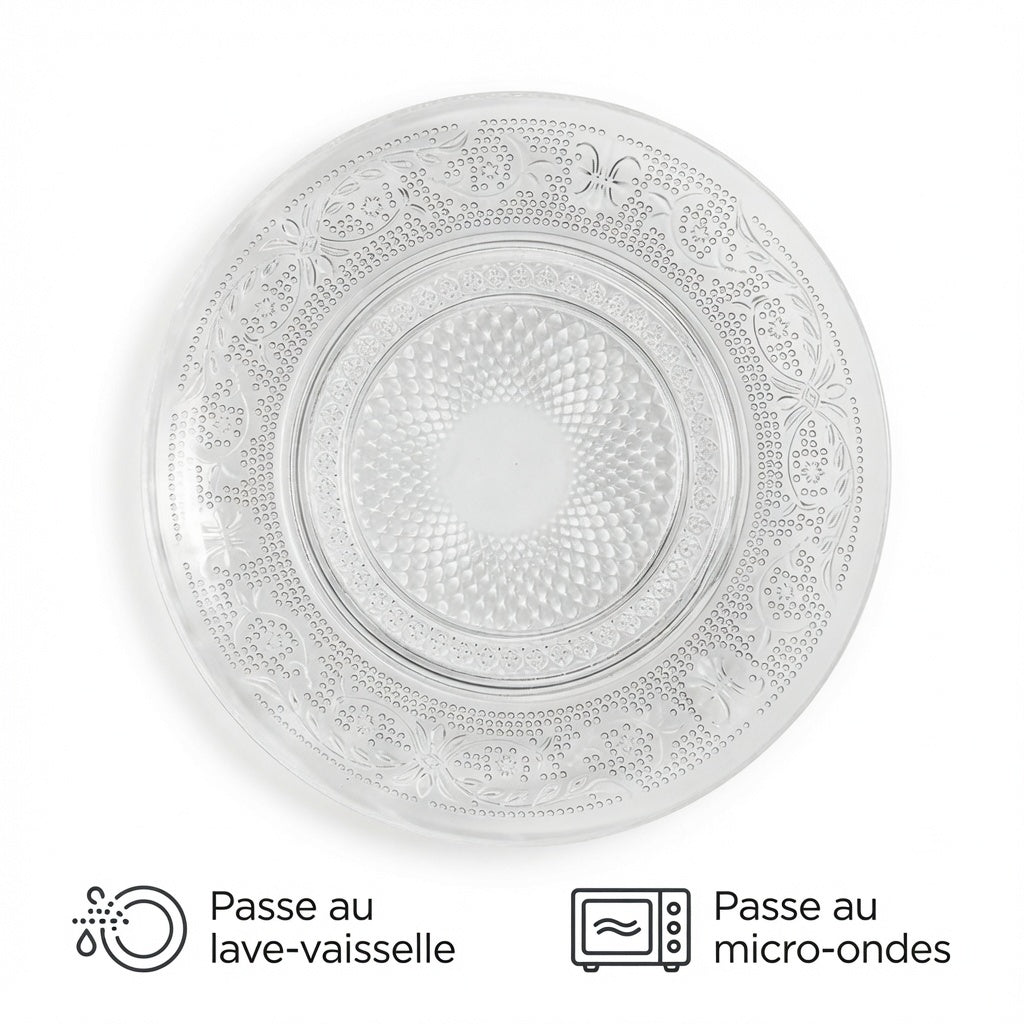 Assiettes à Pain en Verre Transparent 15 cm Motif Relief – Lot de 6 – Passe au Lave-vaisselle et Micro-ondes