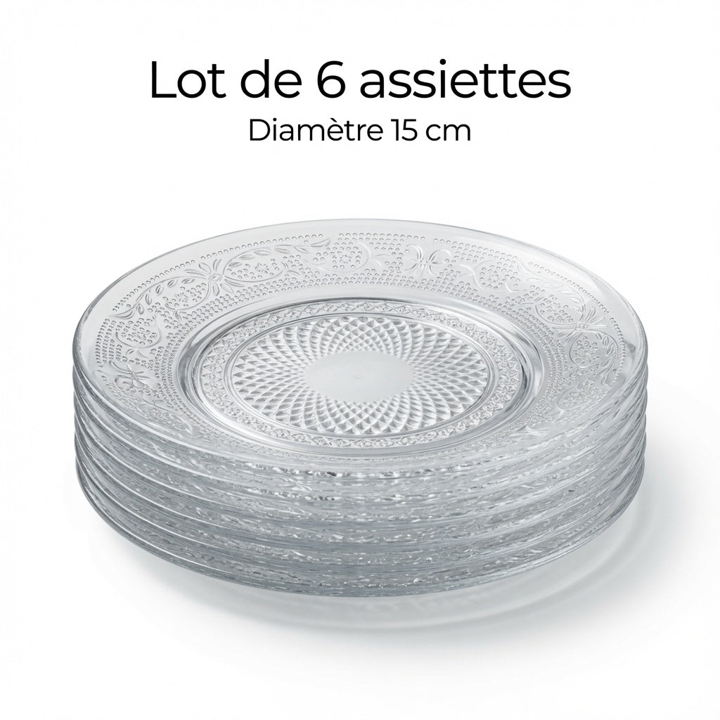 Assiettes à Pain en Verre Transparent 15 cm Motif Relief – Lot de 6 – Passe au Lave-vaisselle et Micro-ondes