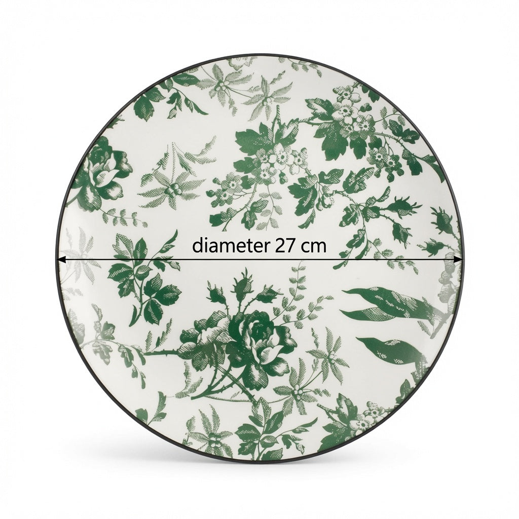 Assiettes Plates en Porcelaine 27 cm Motif Floral Vert – Lot de 6 – Passe au Lave-vaisselle et Micro-ondes