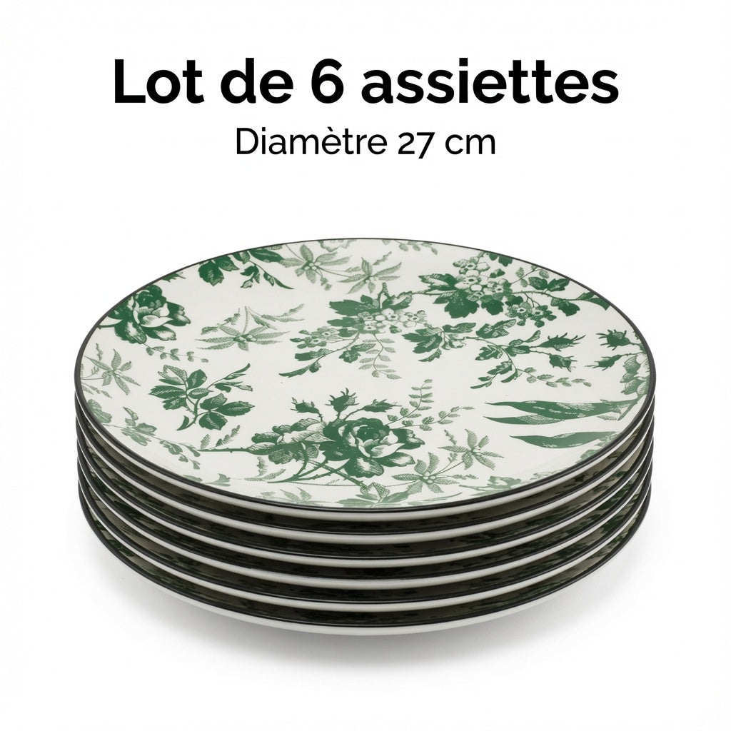Assiettes Plates en Porcelaine 27 cm Motif Floral Vert – Lot de 6 – Passe au Lave-vaisselle et Micro-ondes